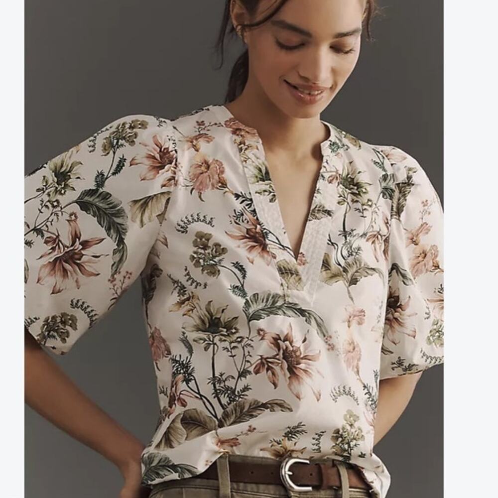 Anthropologie Floral Puff Sleeve Blouse XL White Cotton V Neck Botanical Boho